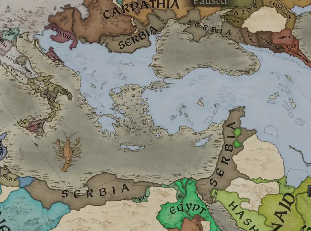 A fantasy-style map shows the word 'serbia' repeatedly labeled across multiple landmasses including the Balkans, Egypt, and…
