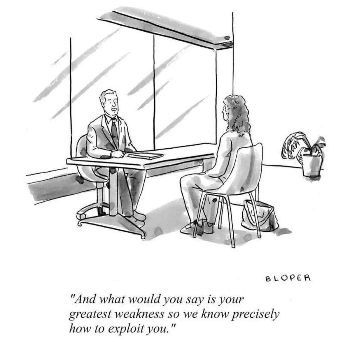 A black-and-white cartoon depicts a man in a suit sitting across a desk from a woman in a chair, seemingly in an interview…