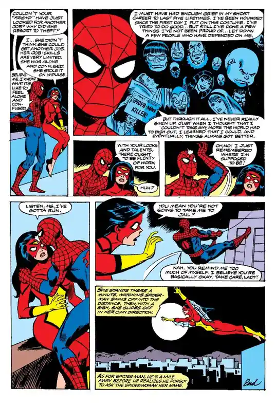 A comic book panel sequence featuring Spider-Man and Spider-Woman. Spider-Man reflects on his past struggles and self-doubt…