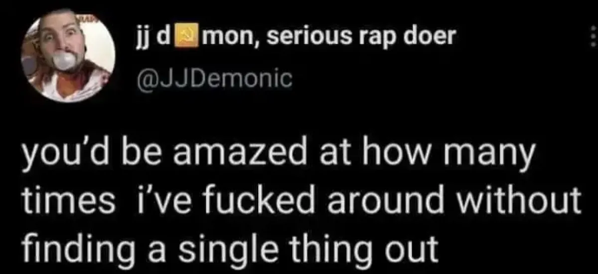 A screenshot of a tweet from user 'jj d 🇷🇺 mon, serious rap doer' (@JJDemonic) showing a man with a surprised expression and…