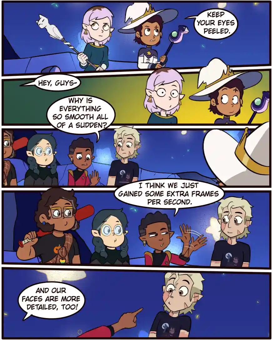 A four-panel comic strip from 'The Owl House' shows characters reacting to a sudden visual upgrade. Initially, two…