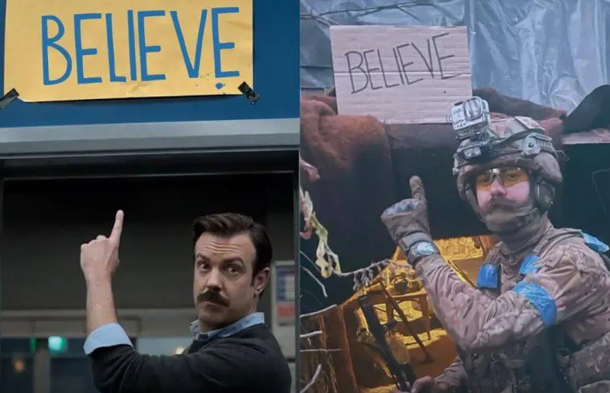 The image is a split-screen meme. On the left, actor Jason Sudeikis as a character from 'Ted Lasso' points upward at a…