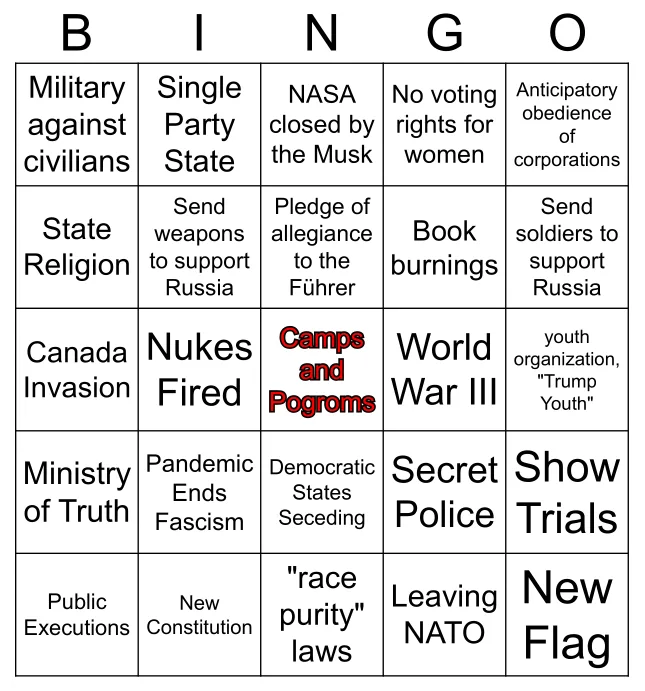 A black-and-white bingo card with 24 squares filled with politically charged phrases like 'Camps and Pogroms' and 'Nukes…