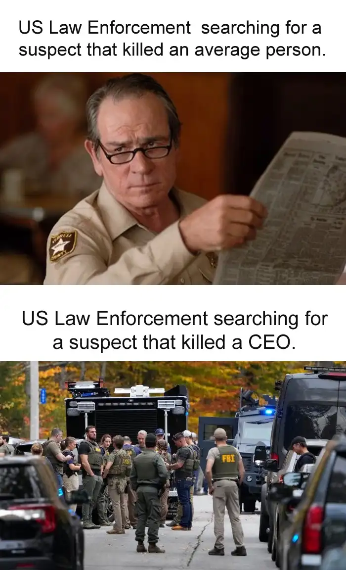 The meme features two images: the top shows a sheriff reading a newspaper with a somber expression, while the bottom shows a…