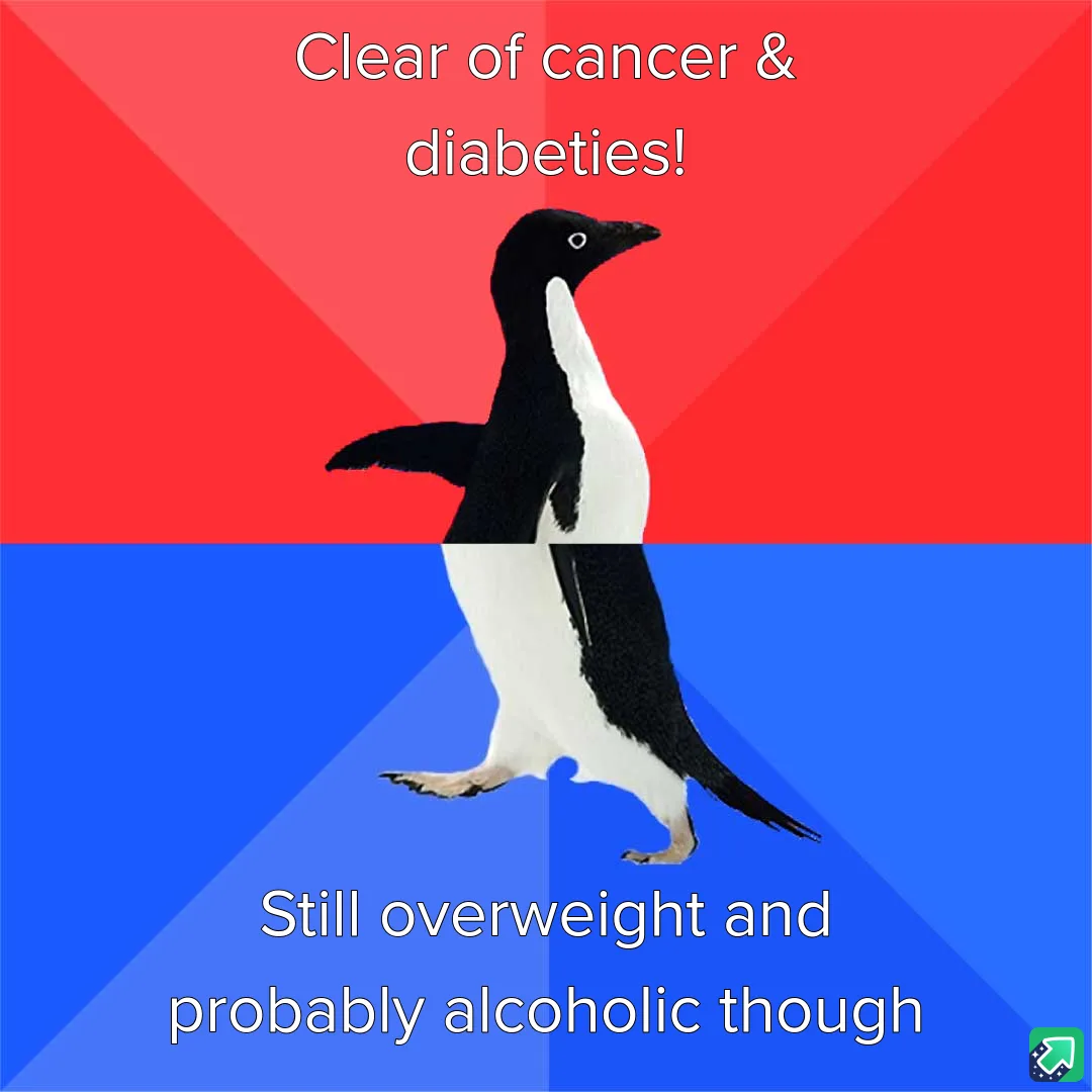 A penguin is split vertically down the middle, with the top half against a red background and the bottom half against a blue…