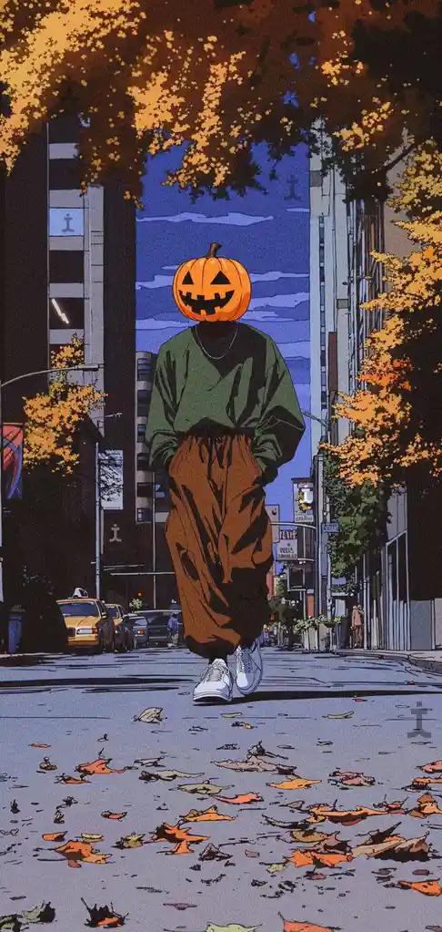 An anime-style illustration shows a person walking down a city street at dusk, wearing a green hoodie, brown pants, and…
