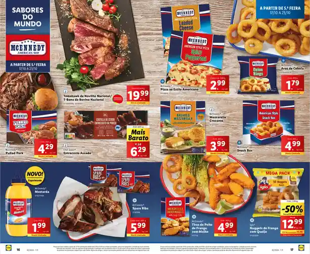 A Lidl supermarket flyer page showcasing various McEnnedy American Way food products like steak, pulled pork, pizza, onion…