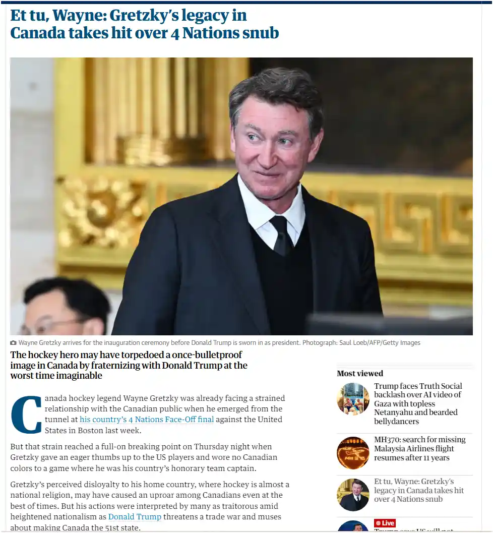 A screenshot of a news article shows Wayne Gretzky in a black suit and tie, looking slightly to his right with a subtle…