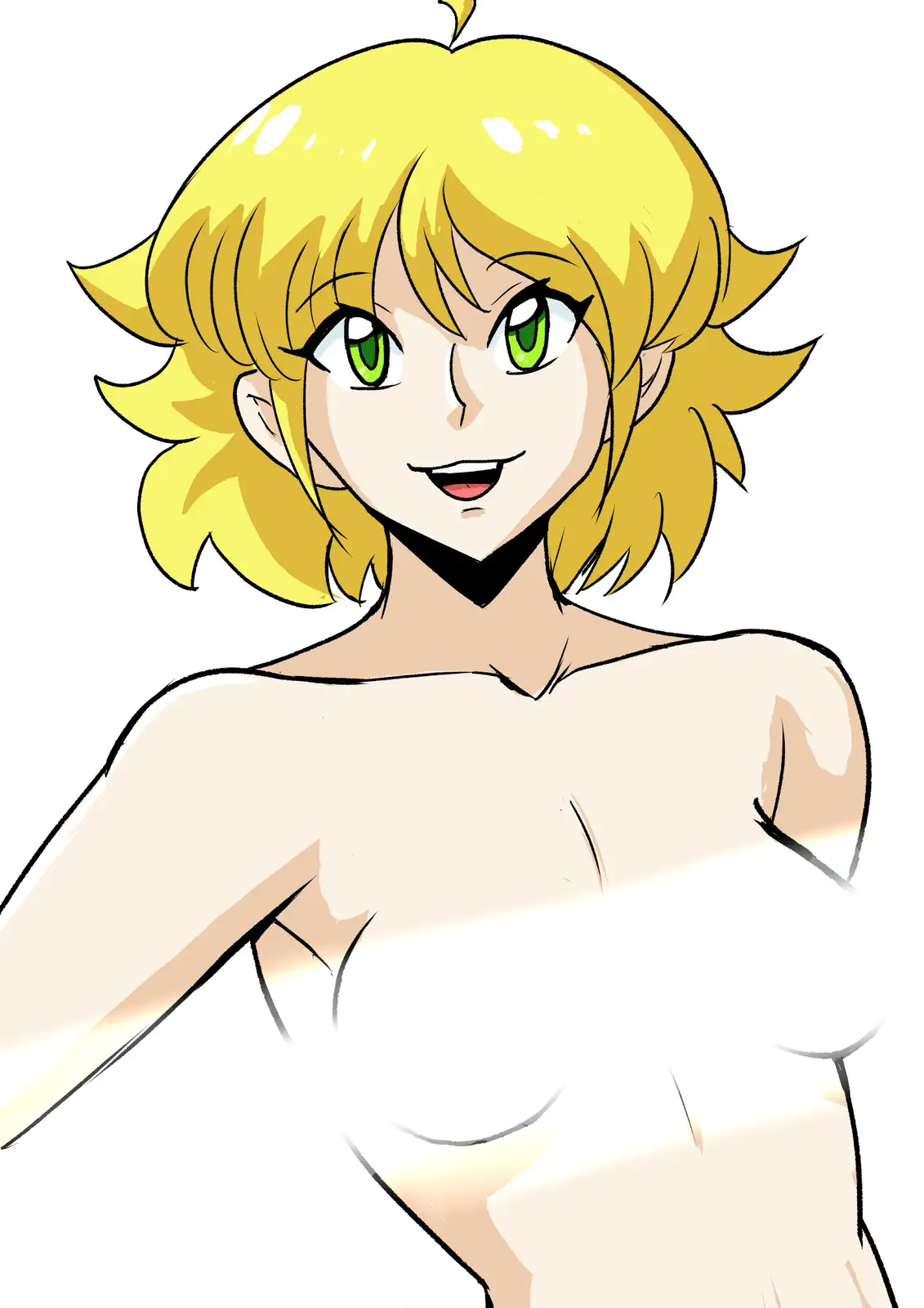 An anime-style illustration of a blonde-haired, green-eyed female character with a confident, slightly smug expression…