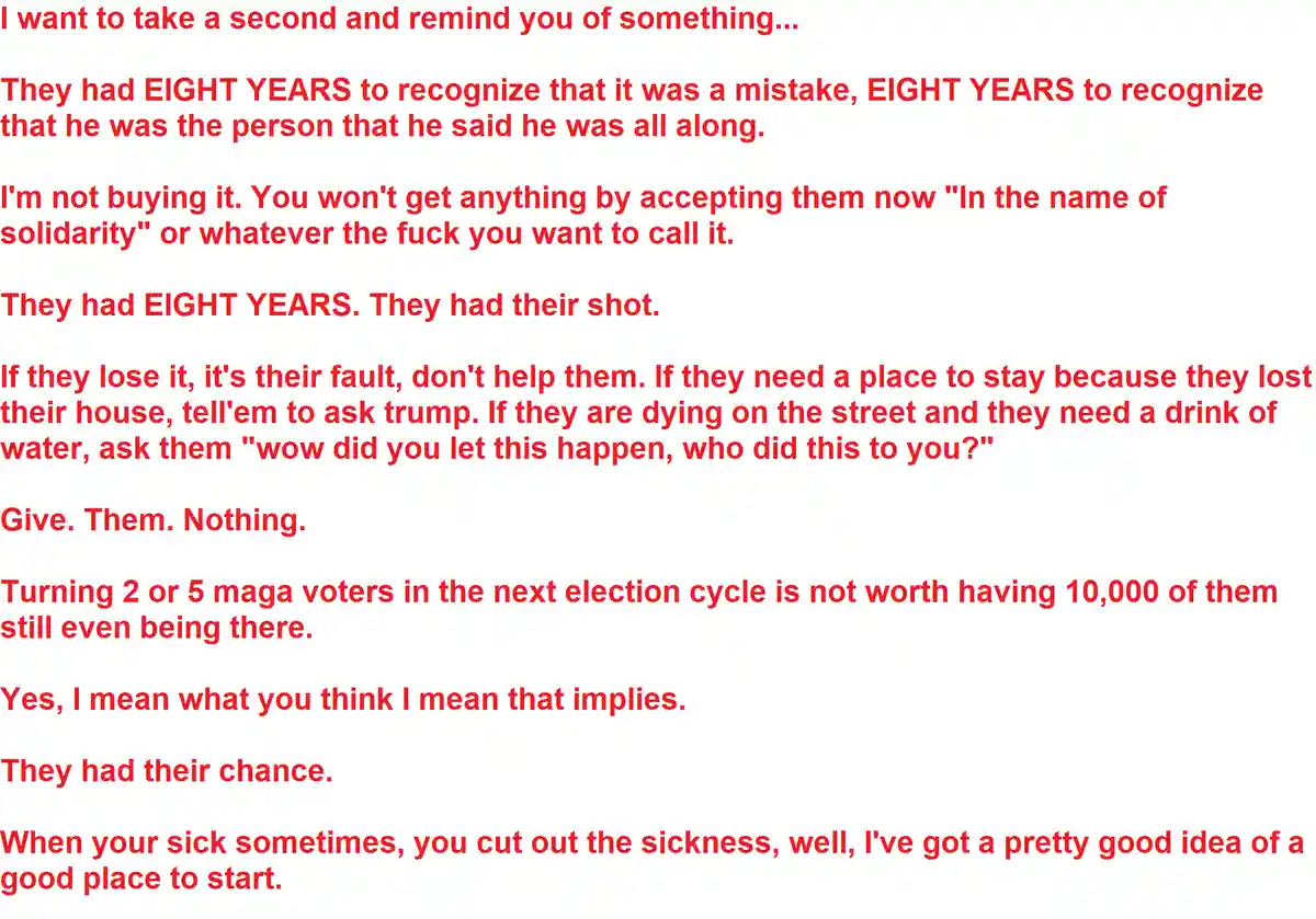 The image is a plain white background with multiple paragraphs of red text. The text is a political rant criticizing MAGA…