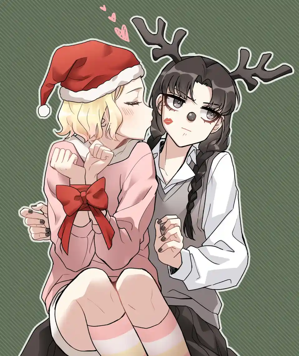 Two anime girls are depicted in a Christmas-themed scene; one with blonde hair wears a red Santa hat and kisses the cheek of…