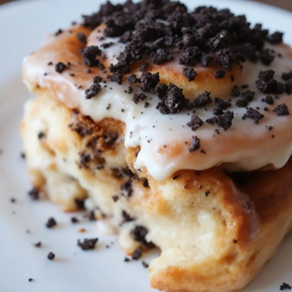 A close-up photo of a cinnamon roll with white icing and crushed Oreo cookie crumbs on top, served on a white plate. The…