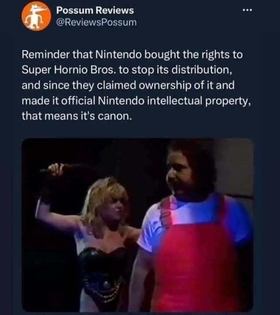 A screenshot of a tweet from 'Possum Reviews' with overlaid text claiming Nintendo made 'Super Hornio Bros.' canon by…