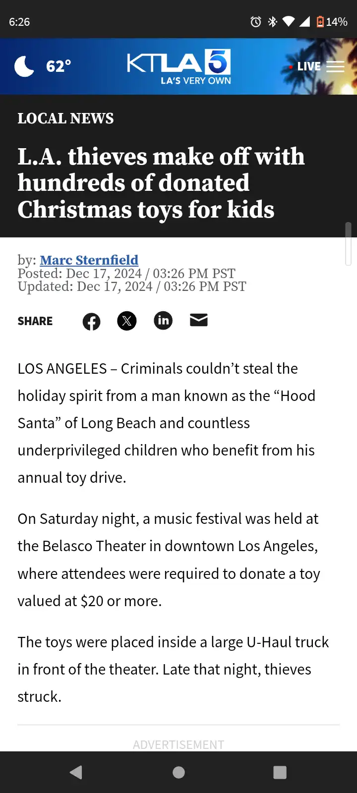 A screenshot of a KTLA 5 news article headline about thieves stealing donated Christmas toys for kids from a U-Haul truck at…