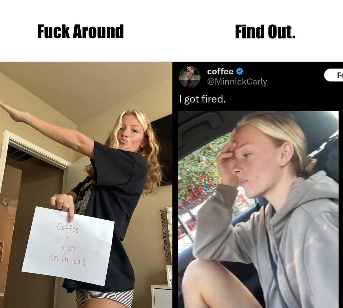 The image is split into two panels. The left panel shows a young woman in a black t-shirt and striped shorts holding a sign…