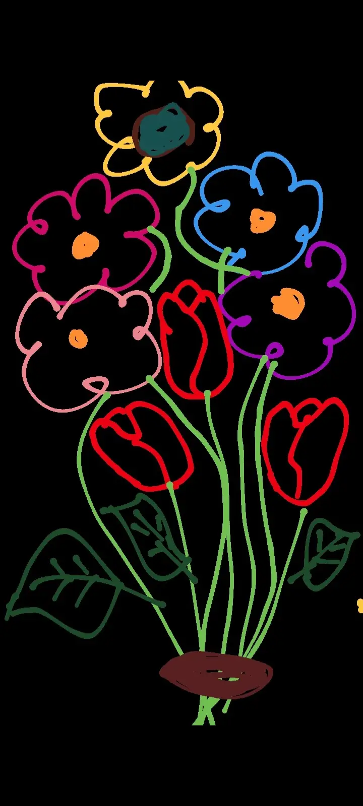 A childlike, colorful drawing of a bouquet with multiple flowers in various hues like pink, blue, purple, and red, all…