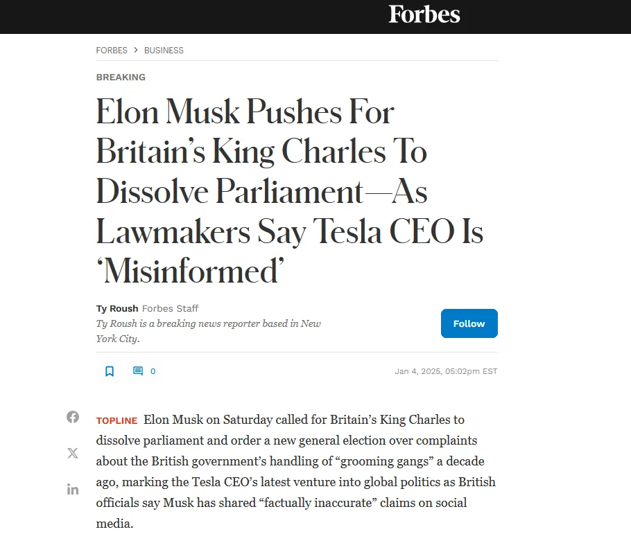 A screenshot of a Forbes news article with the headline 'Elon Musk Pushes For Britain's King Charles To Dissolve…