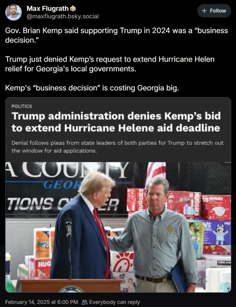 A screenshot of a social media post by Max Flugrath showing a photo of Donald Trump and Georgia Governor Brian Kemp standing…
