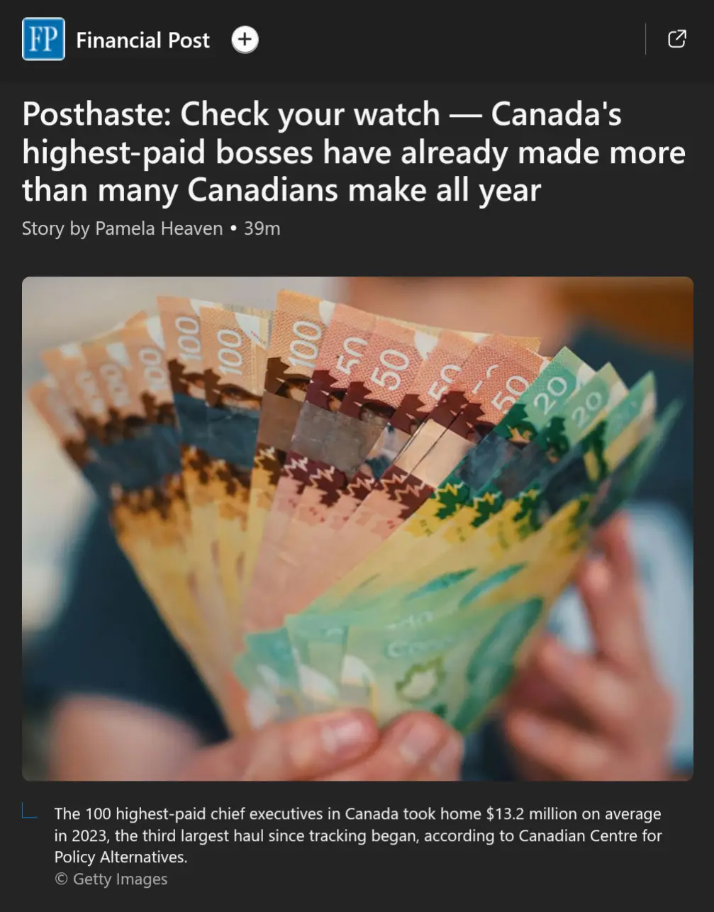A screenshot of a Financial Post article with a photo of hands fanning out Canadian banknotes of various denominations…