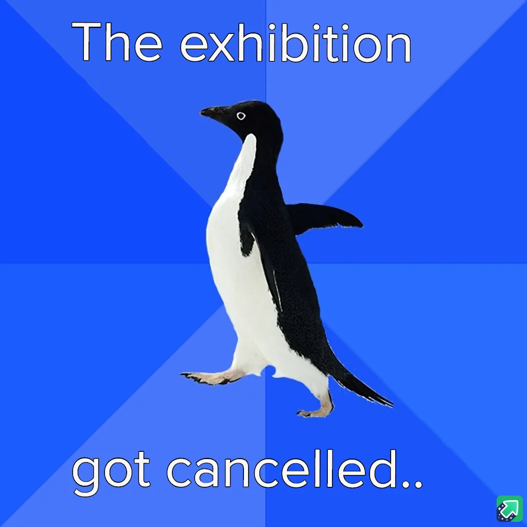A black-and-white penguin stands against a blue background with diagonal lines, looking slightly to the side. The text at…