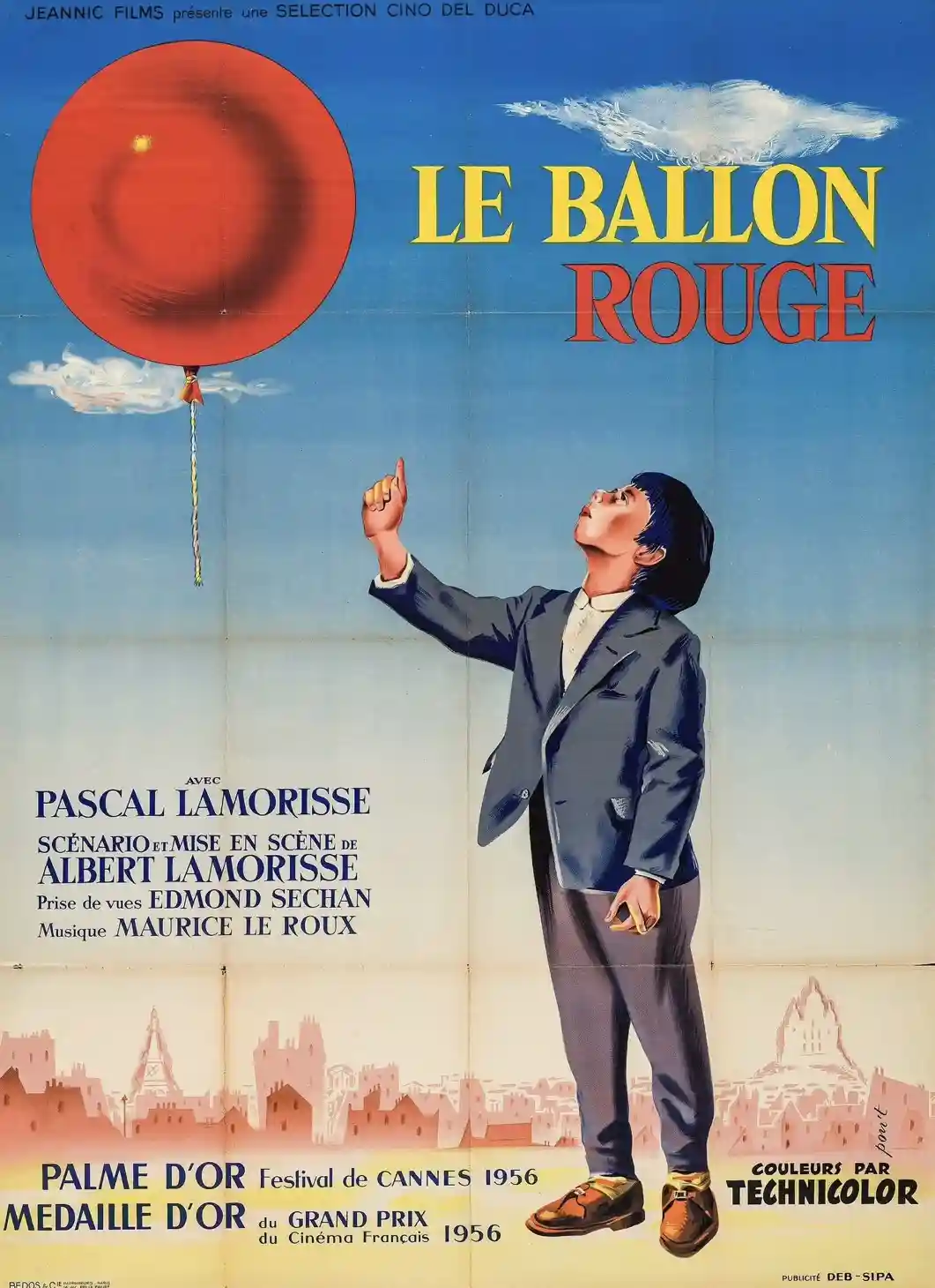 A vintage French movie poster for 'Le Ballon Rouge' (The Red Balloon) from 1956, showing a young boy in a suit pointing…