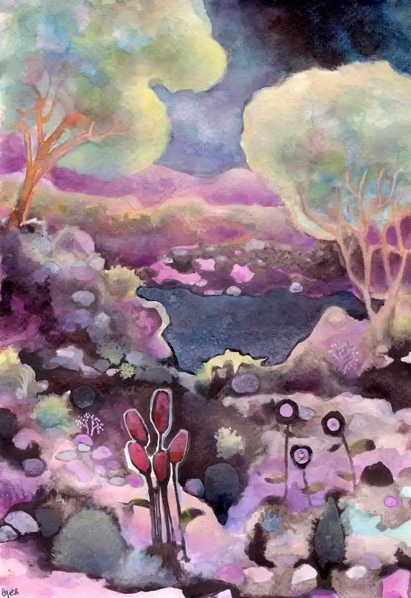 A watercolor painting depicts a surreal landscape with stylized trees, purple and pink hills, and a dark blue body of water…