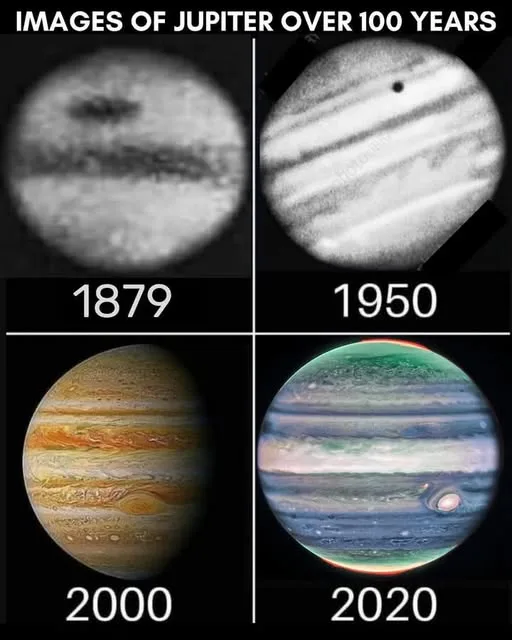 A four-panel image grid shows Jupiter's appearance in 1879, 1950, 2000, and 2020, with each panel labeled by year. The…