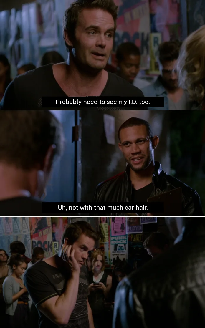Three-panel meme from the movie 'The Hangover' showing a man asking for ID, another man responding about ear hair, and the…