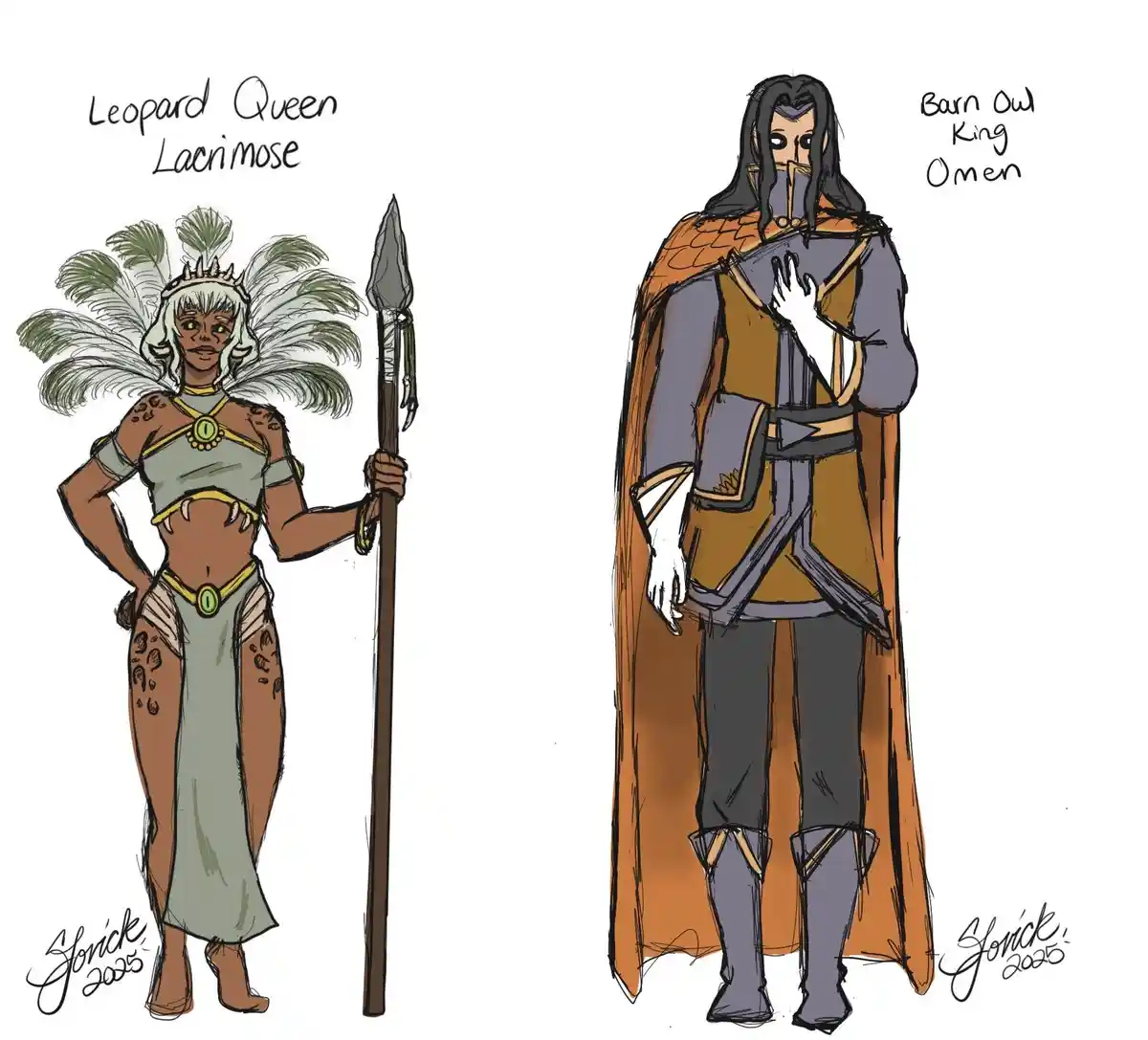 Two fantasy character concept art pieces side by side. On the left, a woman labeled 'Leopard Queen Lacrimose' with white…