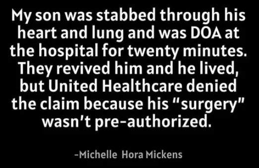 A black background with white text displays a quote from Michelle Hora Mickens about her son being stabbed, revived, and…