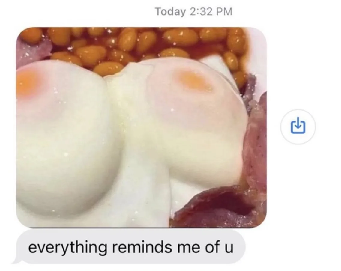 A close-up photo of a breakfast plate with two poached eggs, baked beans, and bacon, overlaid with a text bubble that reads…