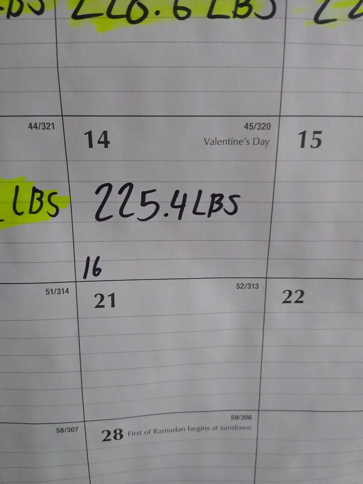 A close-up of a handwritten weight tracking calendar shows the date February 14th (Valentine's Day) with '225.4 LBS' written…