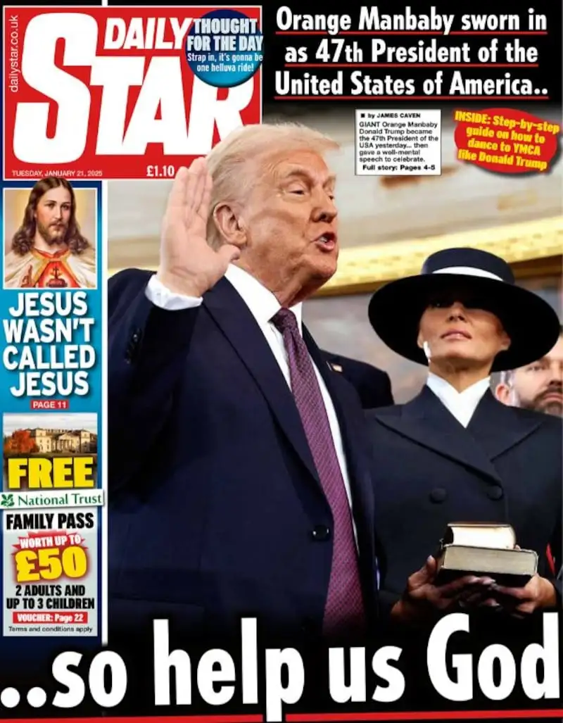 A satirical Daily Star newspaper front page shows Donald Trump raising his right hand as if taking an oath, with Melania…