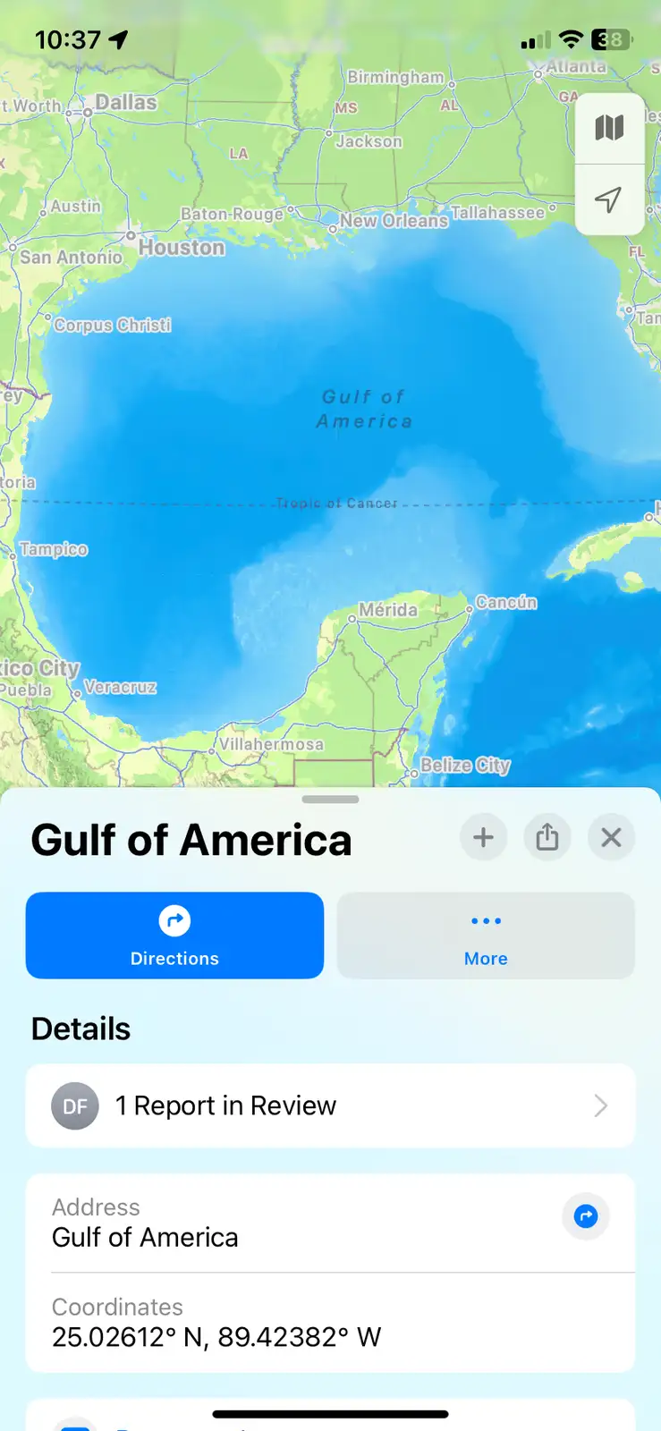 A smartphone map app screenshot showing a location labeled 'Gulf of America' in the Gulf of Mexico, with cities like…