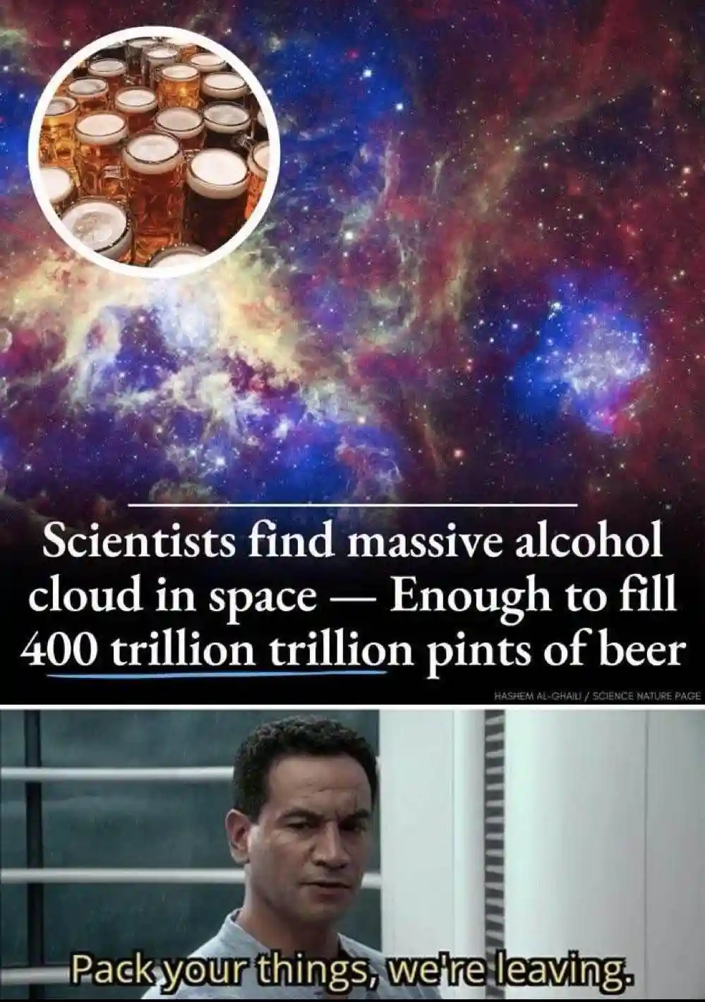 The image features a cosmic nebula background with a circular inset showing many pints of beer. Text overlaid reads…