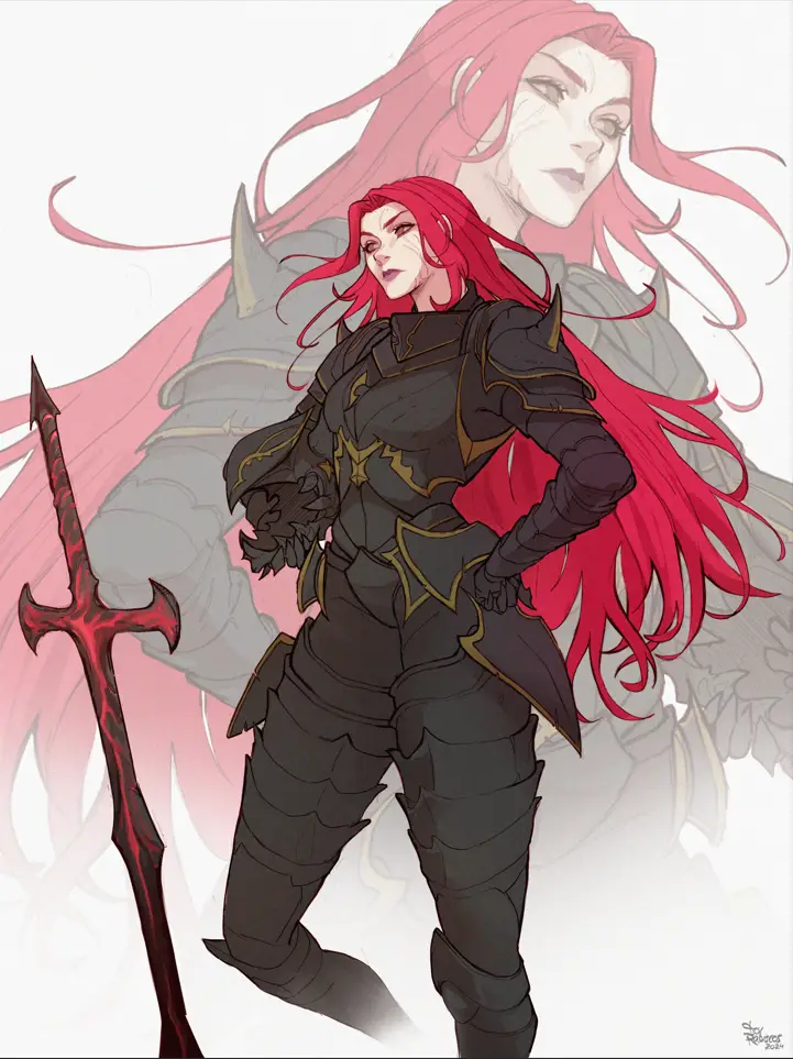 An anime-style illustration of a female warrior with long red hair, wearing dark armor with gold trim and holding a…