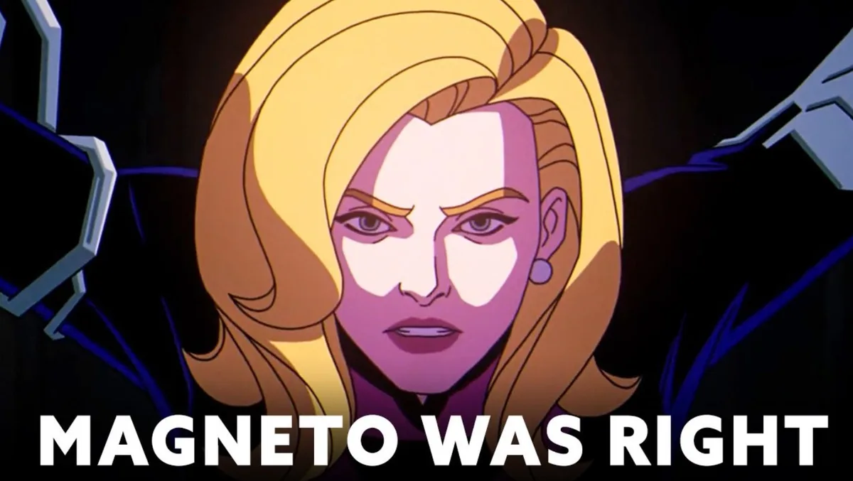 An animated close-up of a stern-looking woman with blonde hair and purple skin tones, set against a dark background with…
