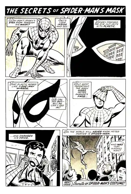 A comic book page titled 'The Secrets of Spider-Man's Mask' explains how the mask's plastic eye cutouts act as one-way…