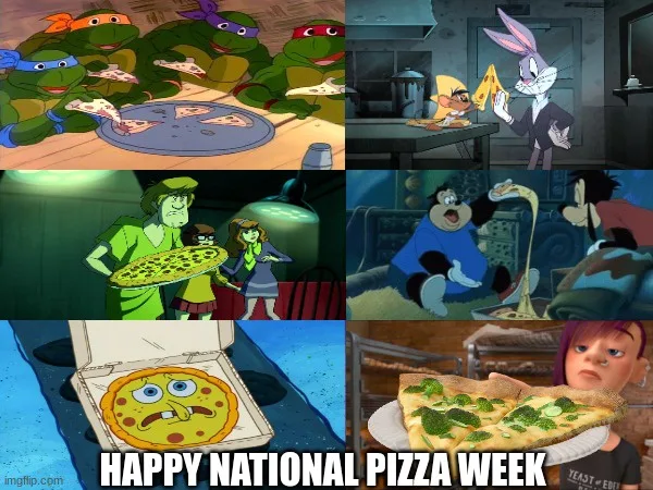 A six-panel meme collage featuring cartoon characters with pizzas: Teenage Mutant Ninja Turtles eating pizza, Bugs Bunny…