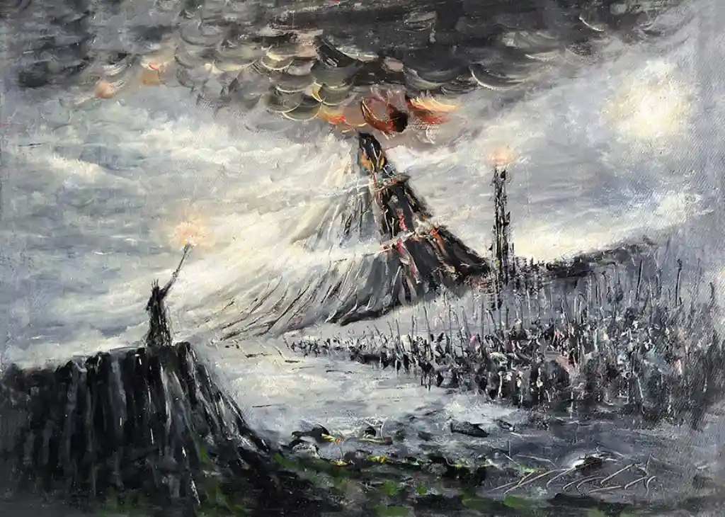 A dark, dramatic painting depicts a lone figure on a cliff holding a torch, facing a massive army advancing under a stormy…