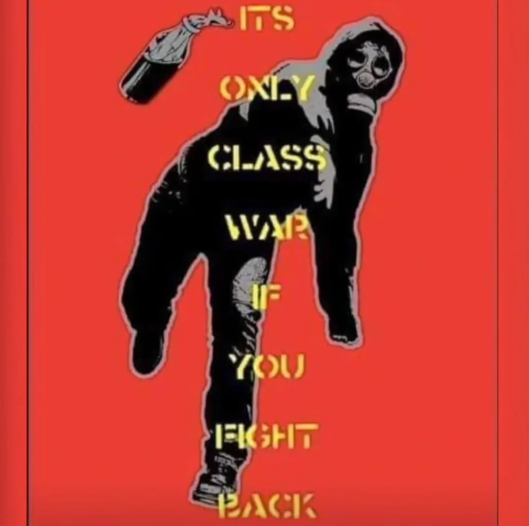 A stylized black silhouette of a person wearing a gas mask and holding a bottle, set against a solid red background. Yellow…