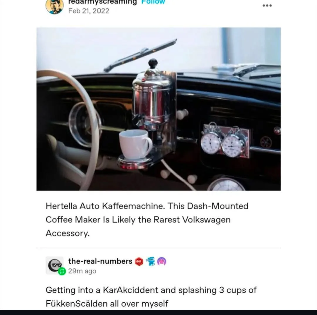 A close-up photo of a vintage car's dashboard featuring a chrome coffee maker mounted directly onto the panel, with a white…