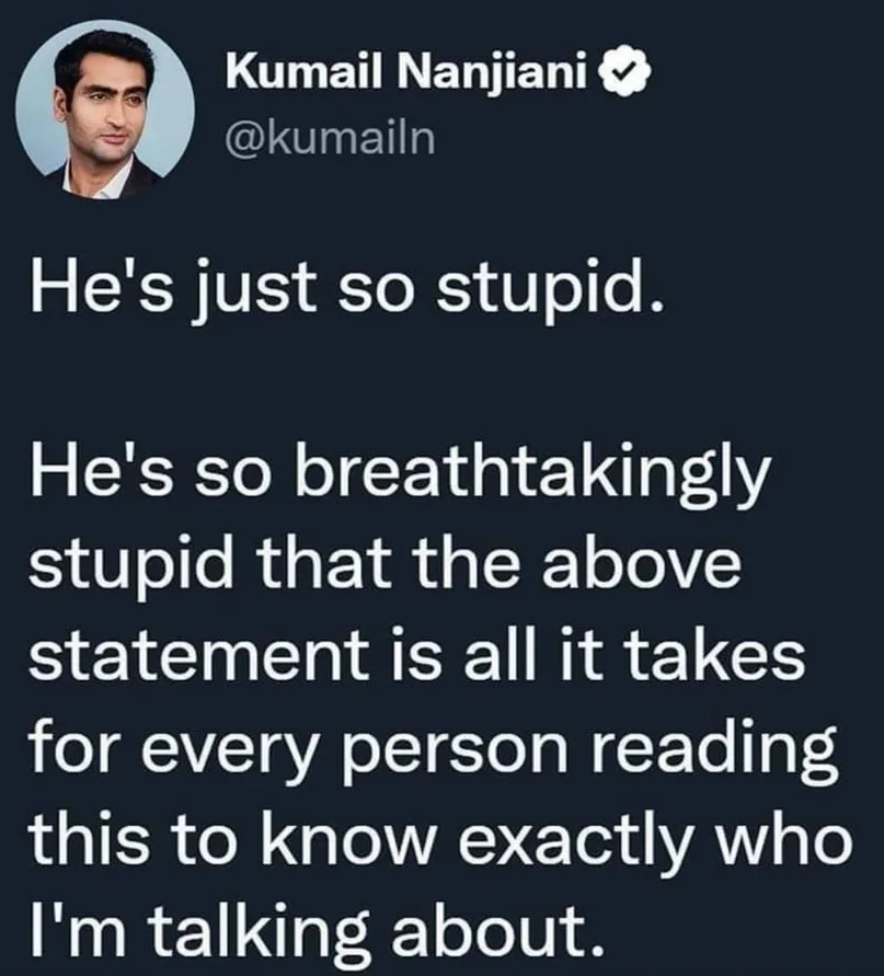 A screenshot of a tweet by Kumail Nanjiani showing his profile picture and handle, with white text on a dark background. The…