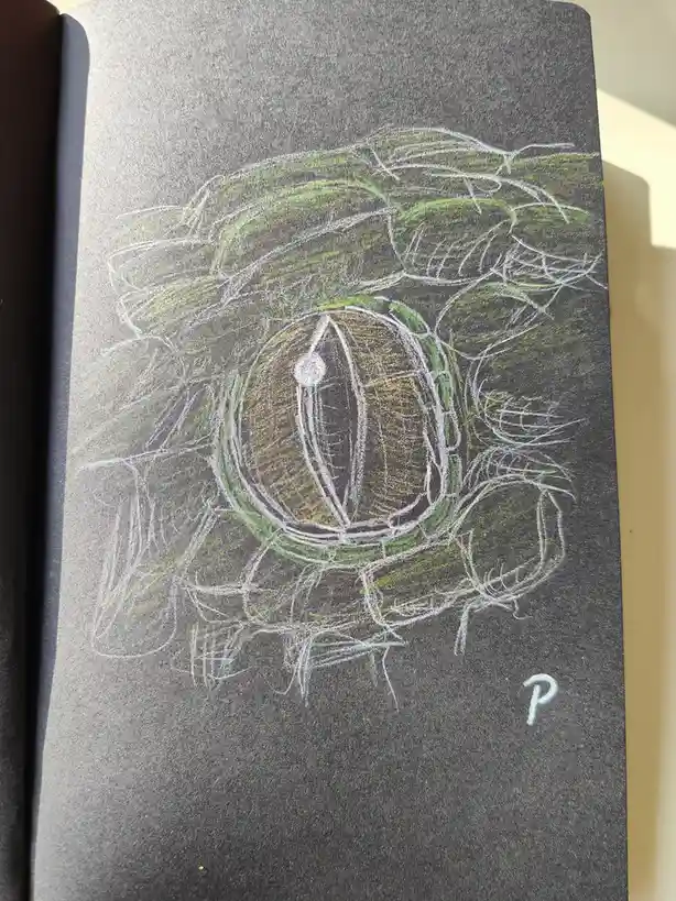 A hand-drawn illustration on dark grey paper depicts a large, detailed green dragon eye with a vertical slit pupil, outlined…