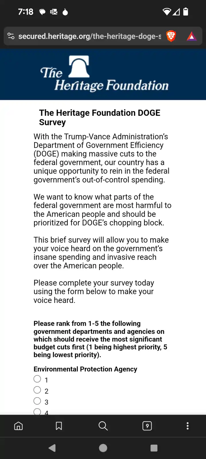 A screenshot of a mobile web page from The Heritage Foundation titled 'The Heritage Foundation DOGE Survey'. The text…