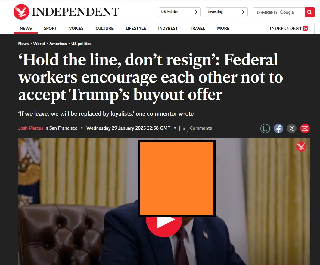 A screenshot of an Independent news article with a headline about federal workers rejecting Trump's buyout offer. The image…