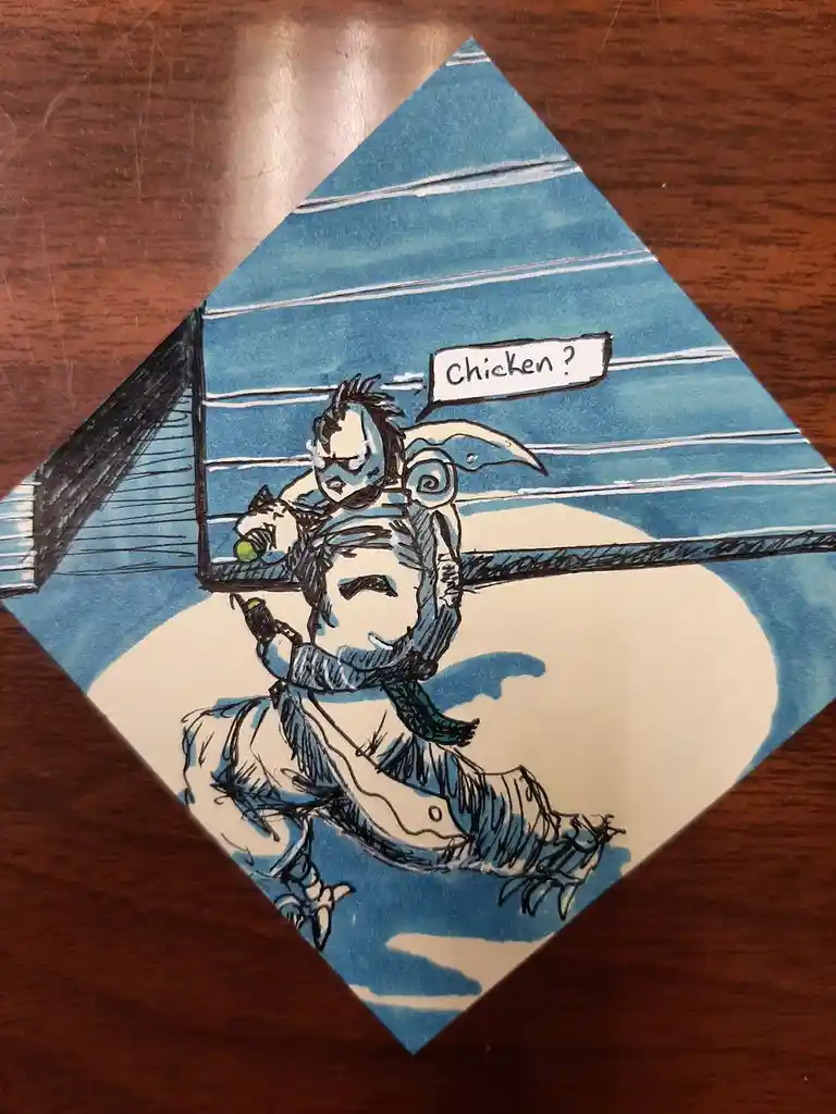 A hand-drawn, diamond-shaped illustration depicts a stylized, blue-toned character with a bird-like beak and spiky hair…