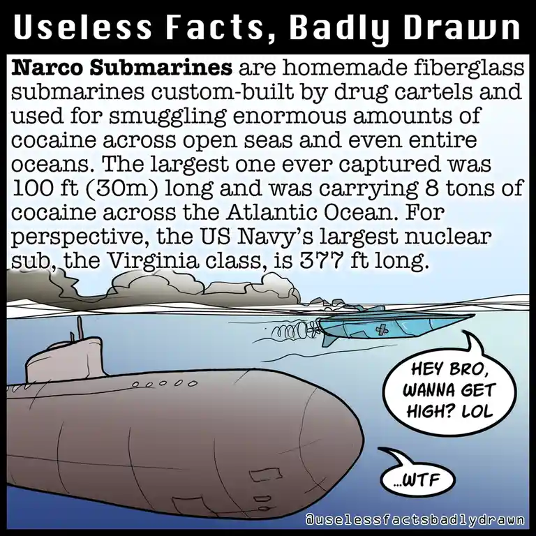 The image shows a cartoon-style drawing of two submarines underwater, one large and gray, the other smaller and blue with a…