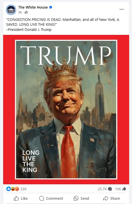 An image styled like a magazine cover shows Donald Trump wearing a crown, smiling, against a New York City skyline. The word…