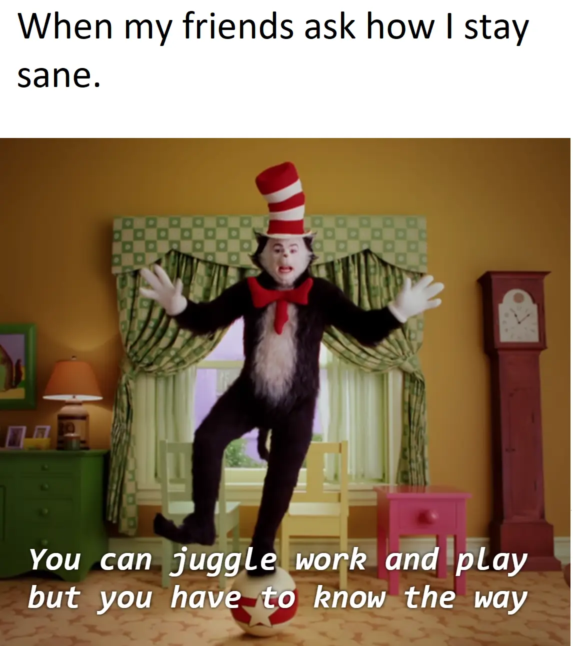 The image shows the Cat in the Hat from Dr. Seuss, balancing on a ball in a colorful room with green curtains, a grandfather…